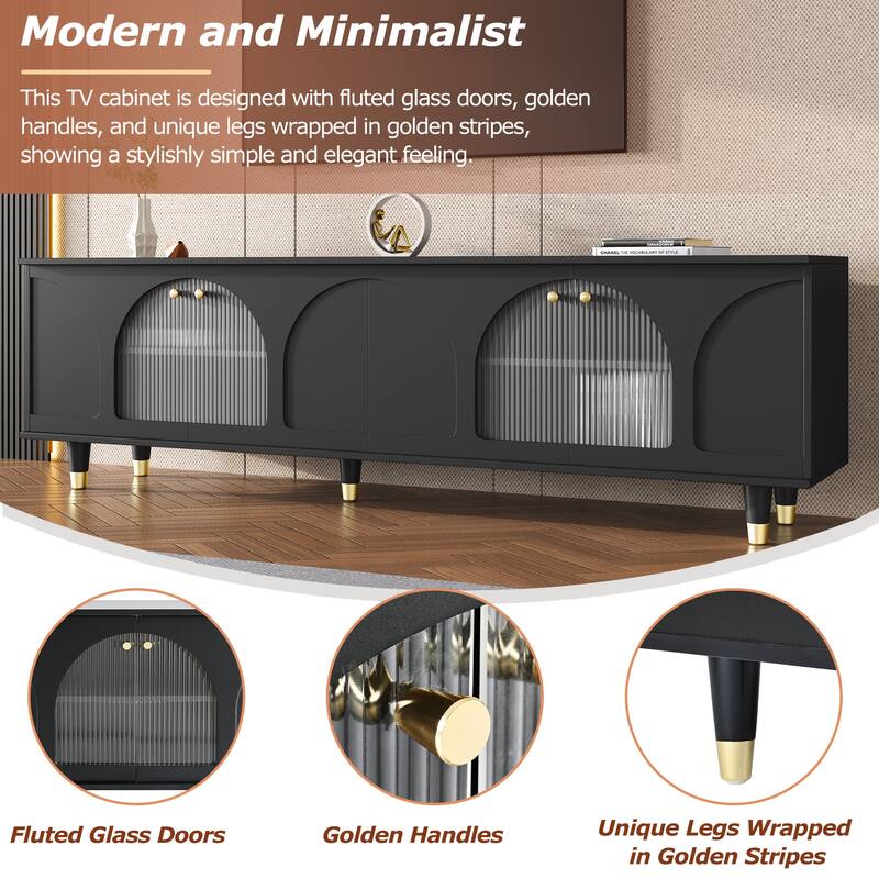 TV Stand with Adjustable Shelves, Gold Handles, Fluted Glass Doors for TVs Up to 78'', Entertainment Center for Living Room.
