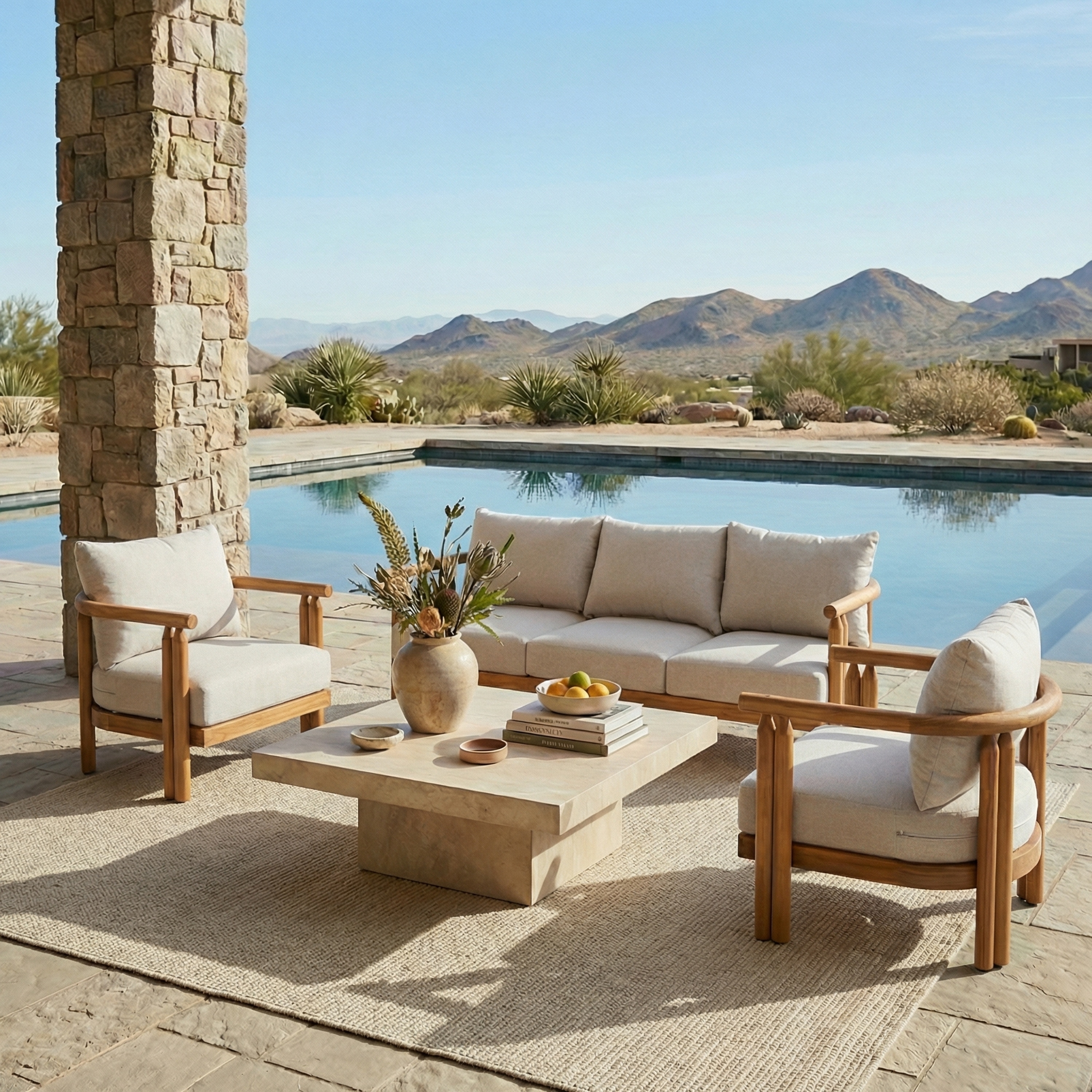 Christopher Knight Home - Modern 3-Piece Outdoor Patio Conversation Set, Acacia Wood 3-Seater Sofa and Club Chairs & Cushions