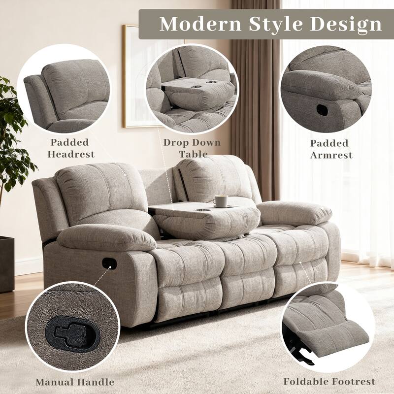 2PC Soft Microfiber Manual Reclining Sofa Set, Drop Down Table, Cupholder Console, Living Room Set
