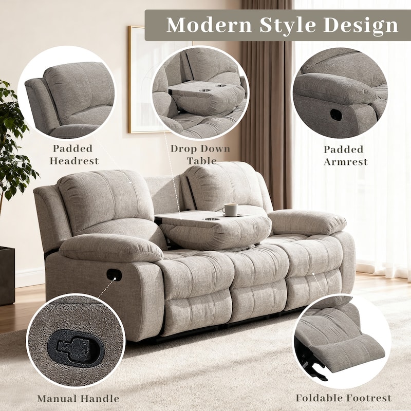 3PC Soft Microfiber Manual Reclining Sofa Set, Drop Down Table, Cupholder Console, Living Room Set