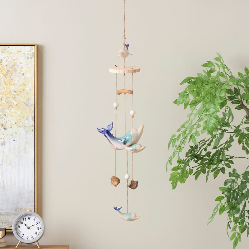 Blue Ceramic Handmade Ombre Whale Windchime with Driftwood and Bead Accents - Blue
