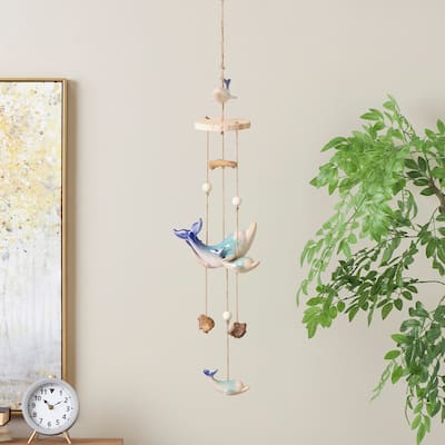 Blue Ceramic Handmade Ombre Whale Windchime with Driftwood and Bead Accents