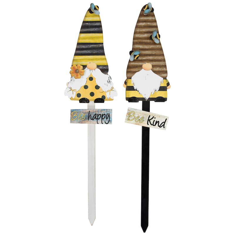 Bee Gnomes Wooden Garden Stakes - 24" - Set of 2