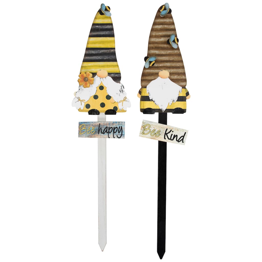 Bee Gnomes Wooden Garden Stakes - 24" - Set of 2
