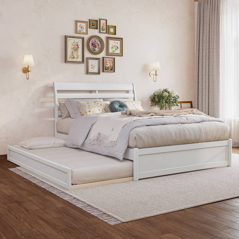 Emelie Platform Bed with Panel Footboard and Twin Trundle - White - Full