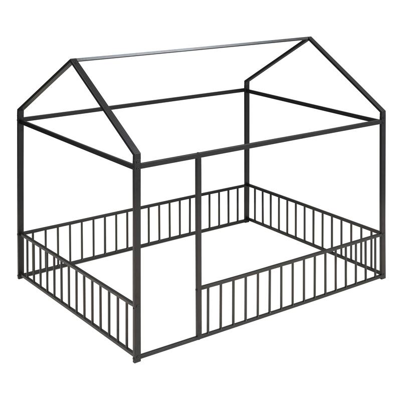 Kids' Twin/Full Metal House Bed Frame with Roof and Fence, Playful Sleep and Play Space, Sturdy Frame, Multiple Colors