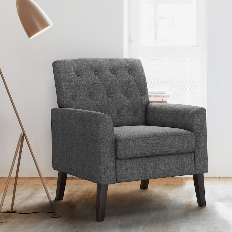 LUE BONA Linen and Walnut Legs Mid Century Modern Button Tufted Accent Chair - 29.53'' H X 30'' W X 33.07'' D - Gray Linen
