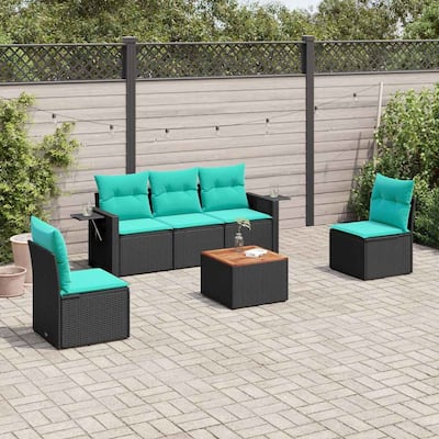 vidaXL 6 Piece Patio Sofa Set with Cushions Black Poly Rattan - 21.7" x 24.4" x 27.2"