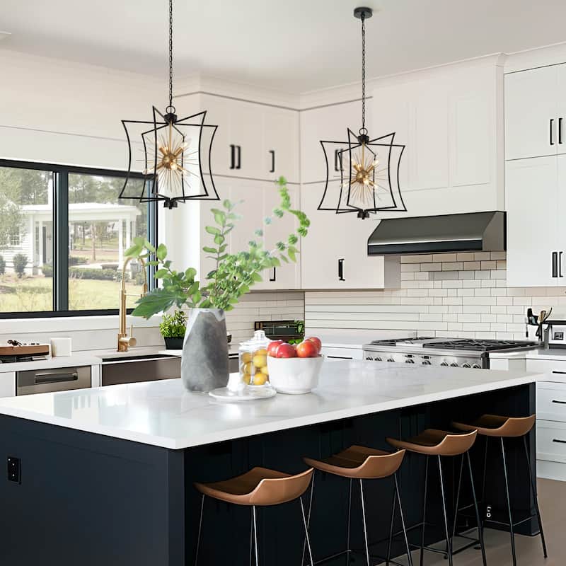 Modern Farmhouse 6-Light Black Gold Sputnik Chandelier Metal Cage Pendant Lighting for Dining Room - 20.5" D x 21.5'' H