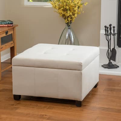 Roomfitters Upholstered Storage Ottoman Bench, Square Faux Leather Ottoman Coffee Table with Tray and Hinged Lid