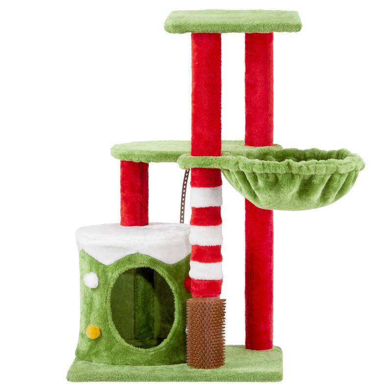 Cat Scratching Posts Tower With Cat Condo And Hammock, Christmas Themed Plush Cat Tree With Cat Massage Brush