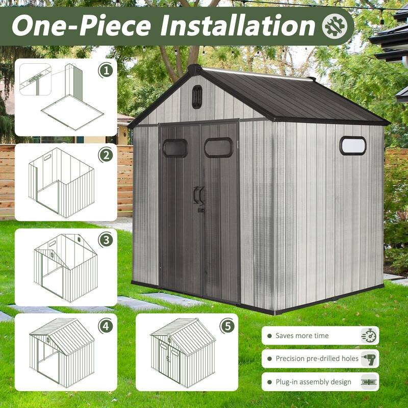 Domi Outdoor Resin Storage Shed, Waterproof Plastic Garden Shed with Lockable Door, Windows & Vents, Outside Tool Storage Shed