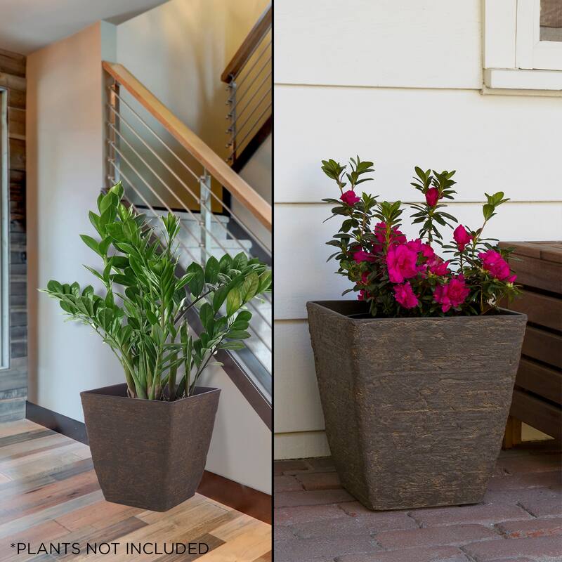 Alpine Corporation Indoor/Outdoor Stone-look Squared Planter, Large, Brown (Set of 2) - Medium