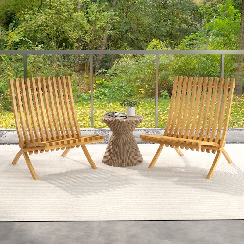 Gymax 2 PCS Folding Patio Chair Teak Wood Outdoor Lounge Chair w/