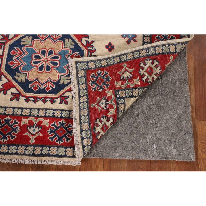 Geometric Ivory Kazak Accent Rug Hand-Knotted Wool Carpet - 3'11" x 5'11"
