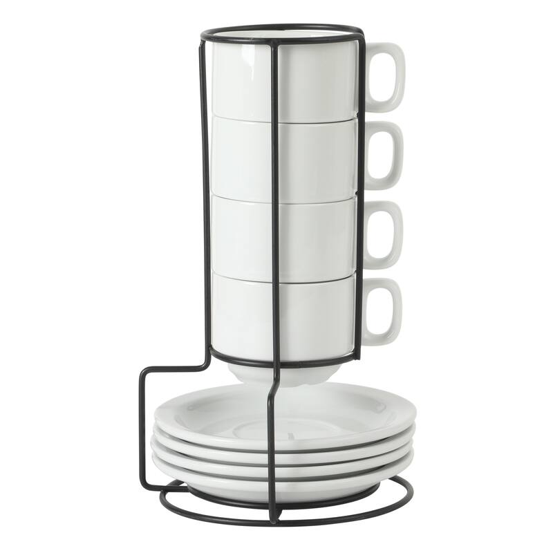 Gibson Home Gracious Dining Cups and Saucers Set of 4, Stackable Coffee Set with Metal Stand for Espresso and Cuppuccino - 7oz