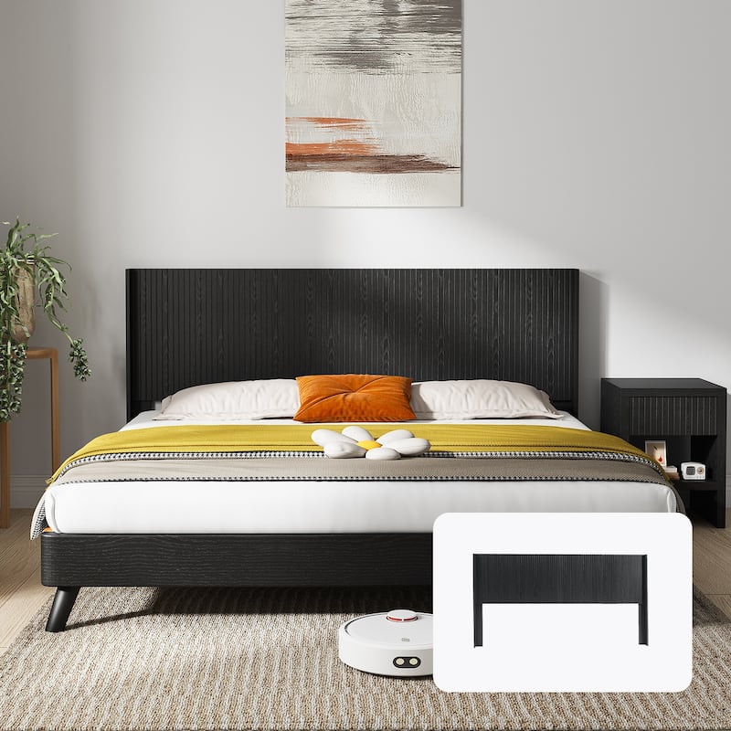 Queen Size Wood Headboard, Modern Farmhouse Design, Wall Mounted Fluted Panel, Black Oak Finish - Black Woodgrain