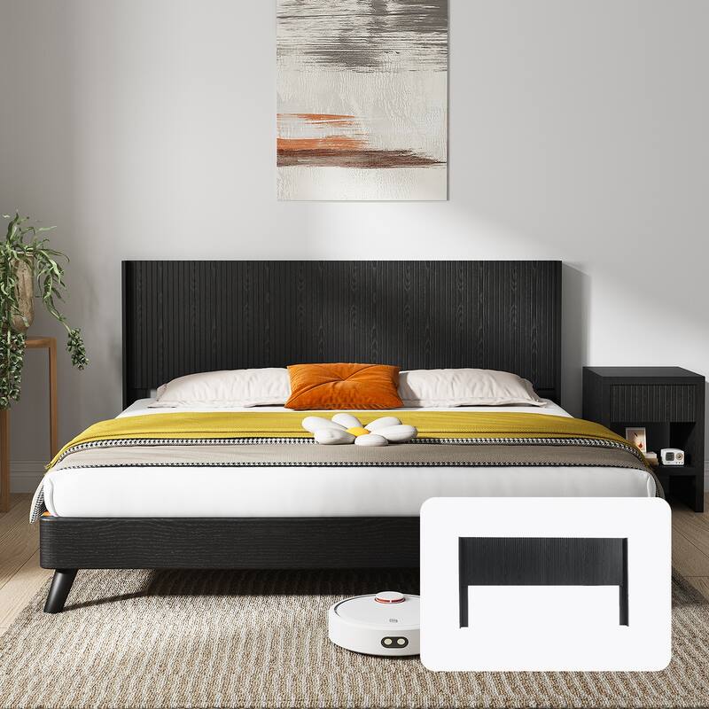 Wood Headboard Queen Size,64.4" Wide Wooden Queen Headboard,Modern Farmhouse,Wall Mounted Fluted Panel,Wingback Boho Headboards - Black Woodgrain