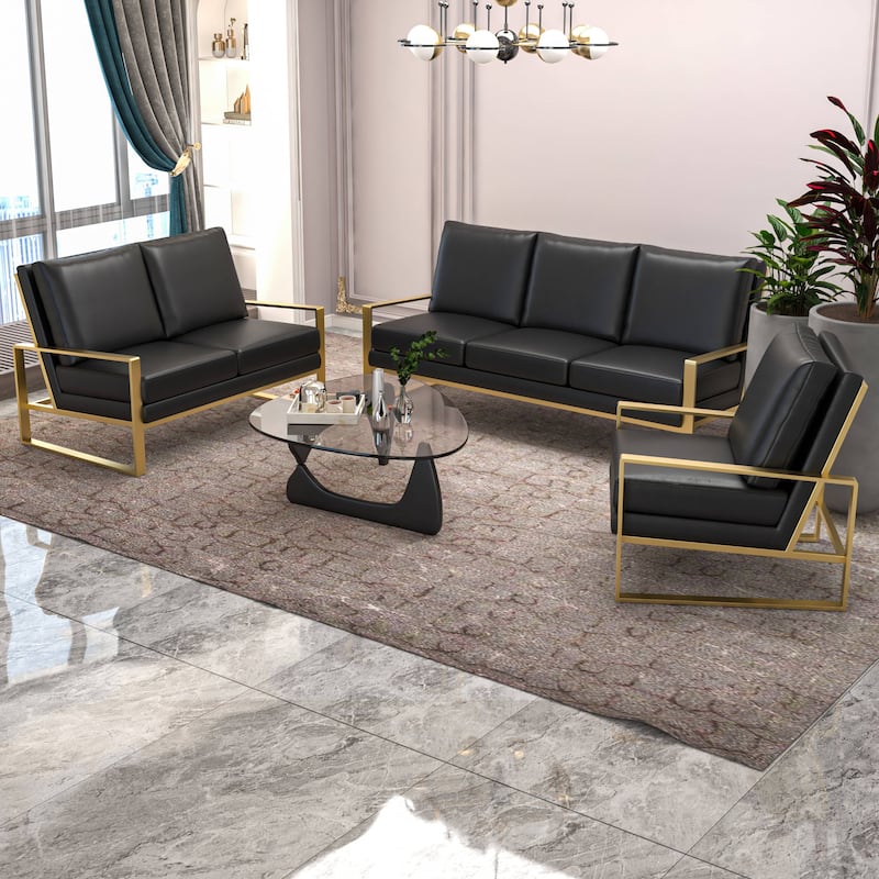LeisureMod Modern 3-Piece Leather Sofa Set For 6 - Includes Sofa, Loveseat & Accent Chair for Home Office Living Room Bedroom