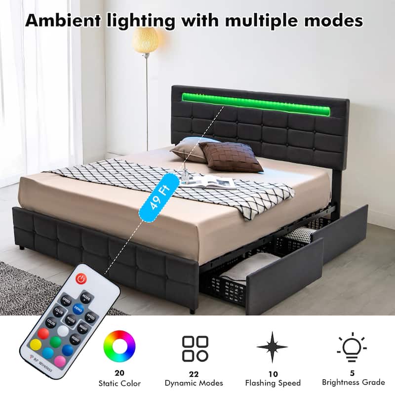 Costway Upholstered Queen LED Lights Bed Headboard Drawers Solid
