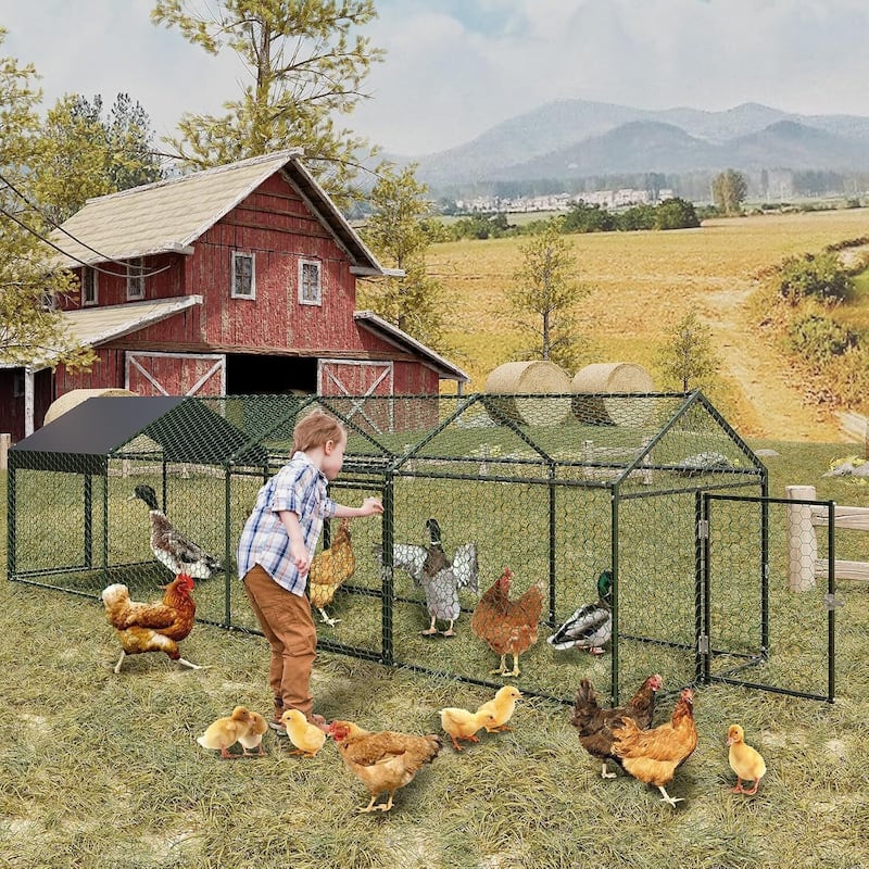 4 Doors Outdoor Large Metal Chicken Coop with Waterproof Anti-UV Cover for Rabbit Duck