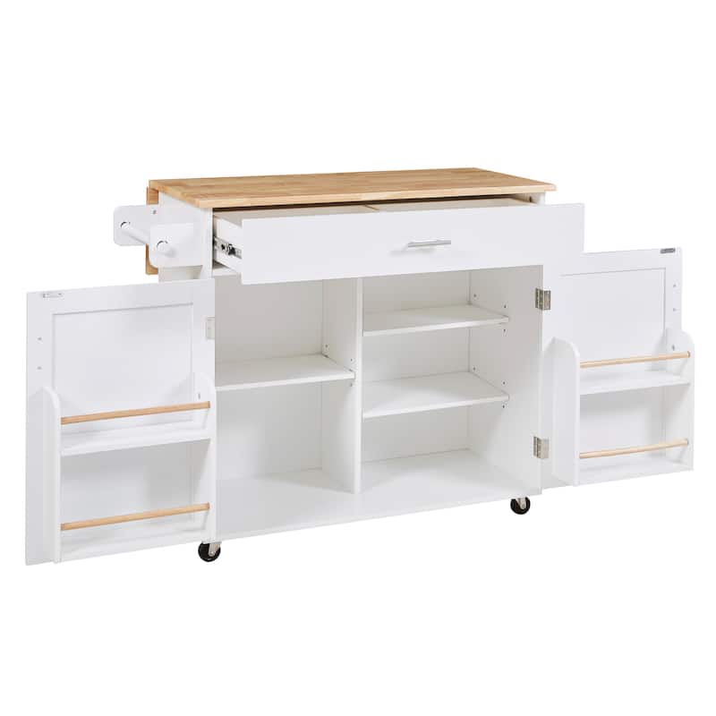 Rolling Kitchen Island with Adjustable Shelf Tower Rack, Rubber Wood Top Storage Cabinet with Divider and Internal Storage Rack