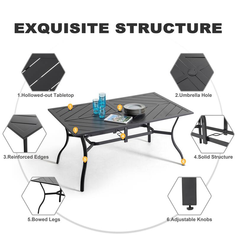 Outdoor Rectangle Iron Dining Table, Splice Tabletop with Umbrella Hole