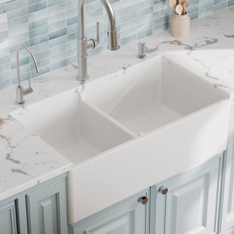 Karran 33" Double Bowl Panel Front Farmhouse Fireclay Kitchen Sink with Reversible Apron Front