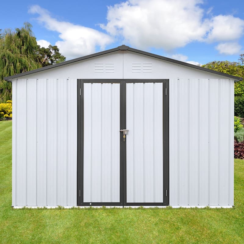 Outdoor 10 x 12 ft. Metal Storage Shed with Vents and Hinged Door and Padlock - White Grey