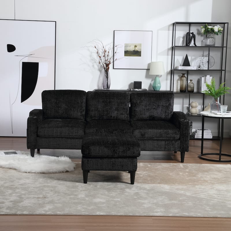 Modular Sectional Sofa with Storage Ottoman, Comfy Chenille Fabric Sofa, 3-Seater Sofa with Side Pockets & 2 Cup Holders