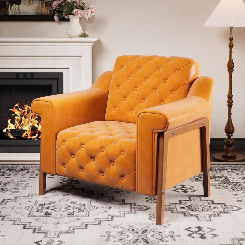 Cozy Accent Chair,PU Leather Modern Living Room Chairs,Mid-Century Office Reading Chair,Single Sofa,Armchair - Orange