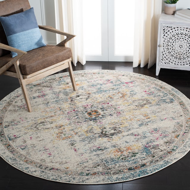 SAFAVIEH Madison Diederike Boho Medallion Distressed Rug - 6'7" x 6'7" Round - Grey/Gold