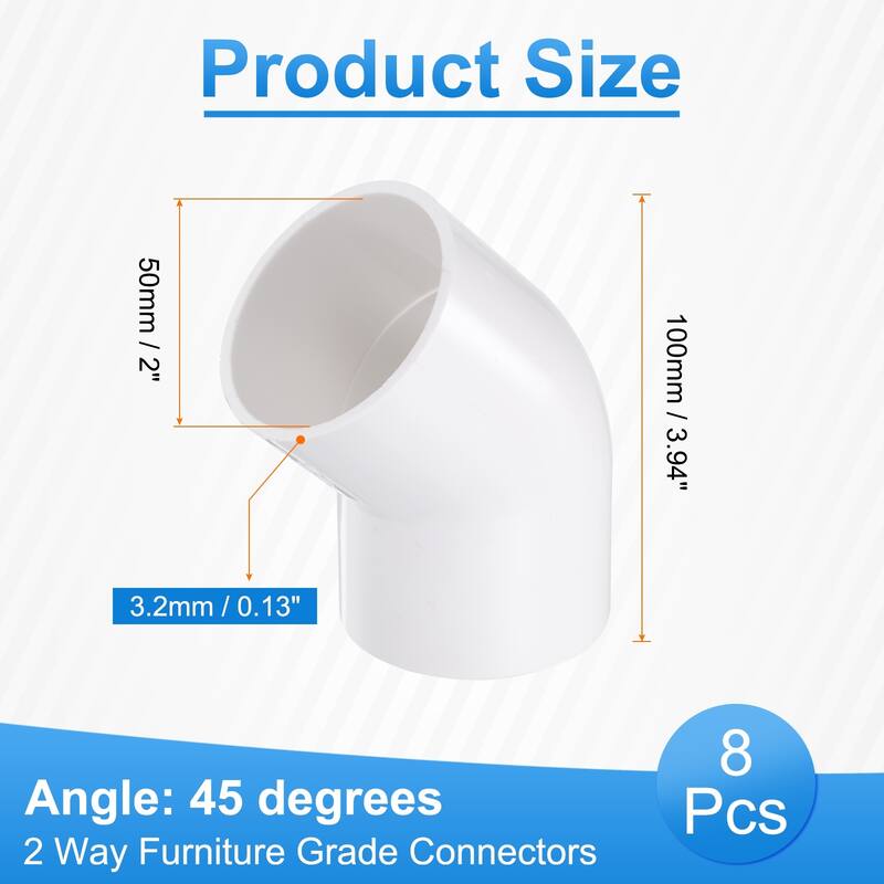 8pcs 45 Degree Elbow Pipe Fittings 2" 2 Way Furniture Grade Connectors