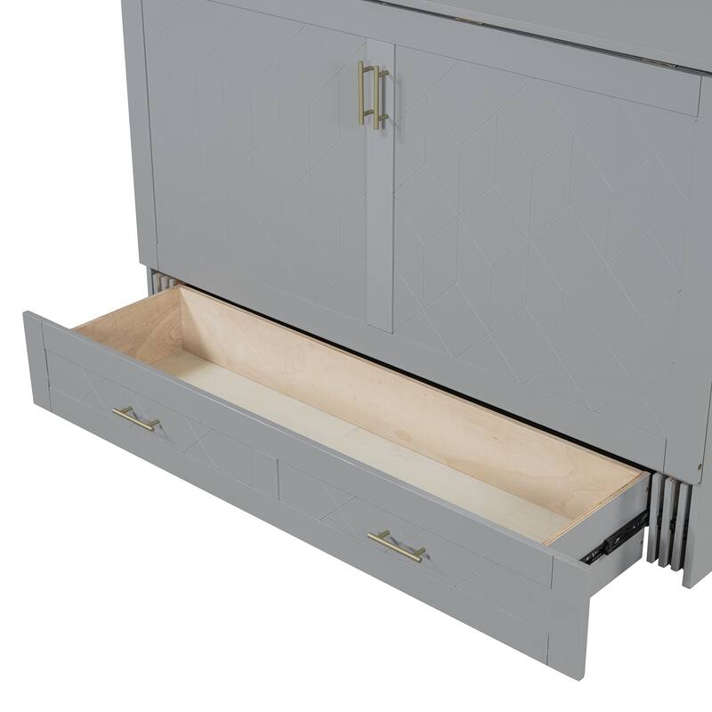 Gray Queen Size Wooden Loft Bed with Upholstered Storage Shelf and Desk