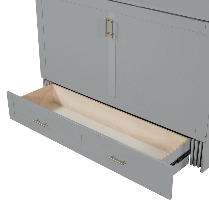 Queen Size Murphy Bed with Pulley System, Storage Drawer, USB Ports, and Sockets, Space-Saving