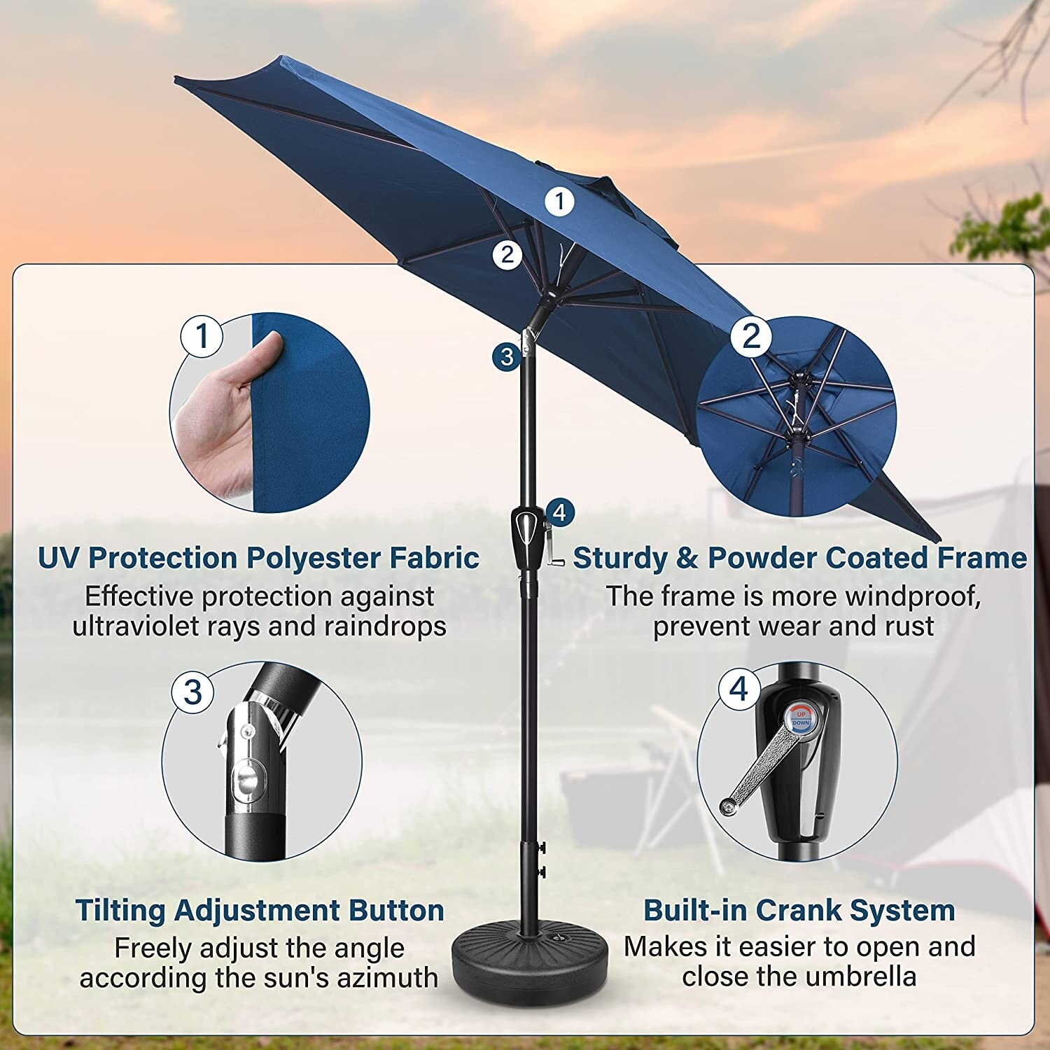 7-1 2 ft push-up patio umbrella Blissun 7.5 Umbrella, Yard Umbrella, Outdoor Market with Push Button Tilt Crank (Navy Blue) : Patio, Lawn & Garden 1.5 diameter aluminum pole with a .065 wall thickness 7.5 FT Simple Deluxe Patio