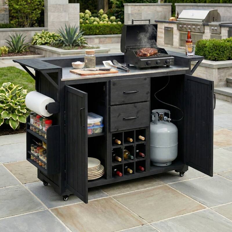 60" Rolling Outdoor Kitchen Island with Stainless Steel Top, Wood BBQ Prep Cart with Wine Rack & Drawers