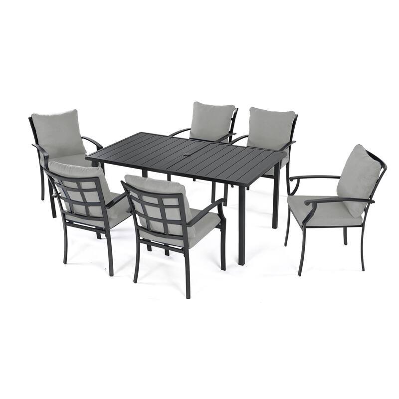 IvyGlow 7-Piece Black Metal Patio Dining Set with Rectangular Table and Gray Cushions