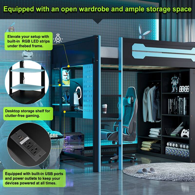 Roomfitters Full Gaming Loft Bed with Desk, Open Wardrobe, RGB LED and USB Ports, Space Saving Sleeper