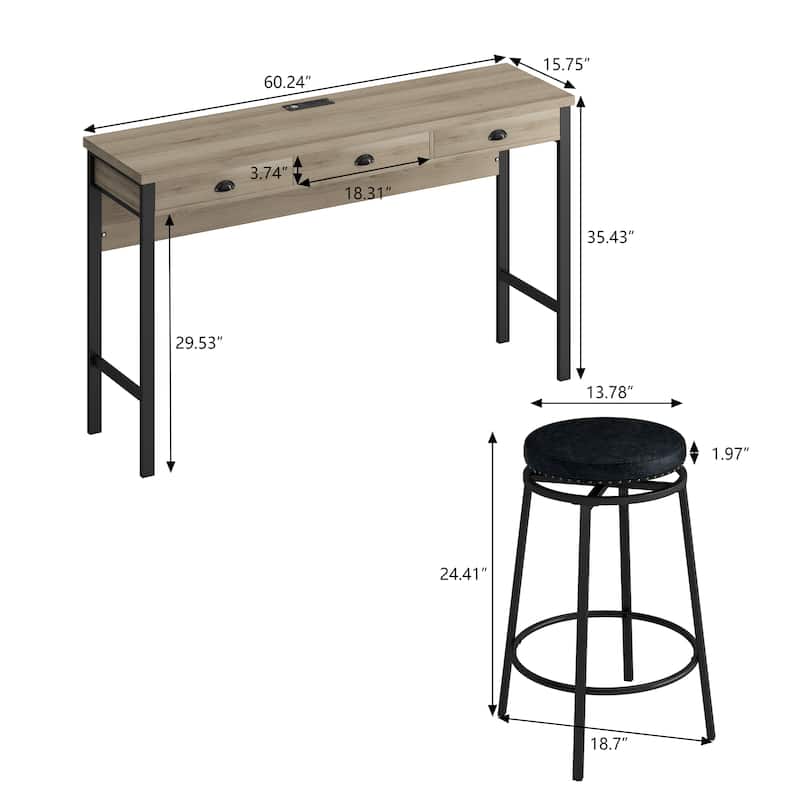 3-Drawer Long Dining Table Set with Power Outlets