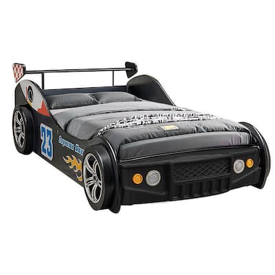 Twin Size MDF Racing Car Platform Bed with LED Headlights and Safety Guardrails