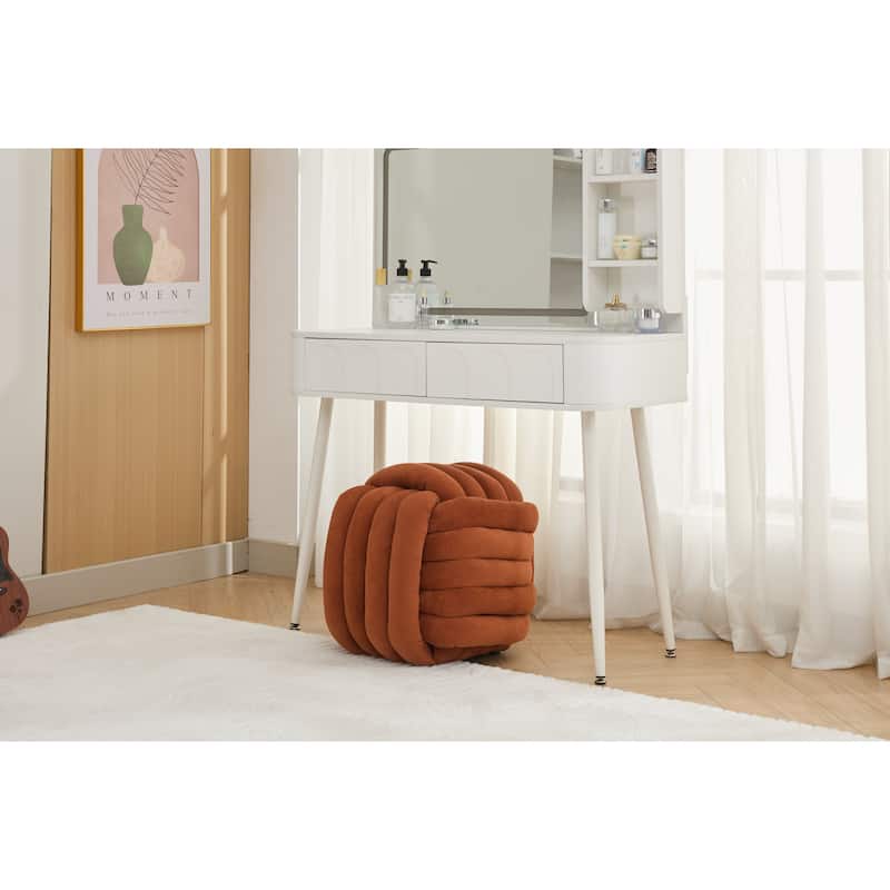 Chenille Fabric Ottoman Vanity Stool, Knot Design Ottoman Footstool, Multi-Functional Upholstered Makeup Stool