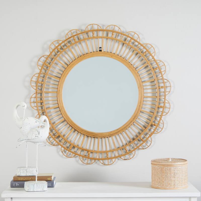 Brown Bamboo Wood Handmade Woven Room Wall Mirror with Beaded Accents - 35"D - 35"D - Brown