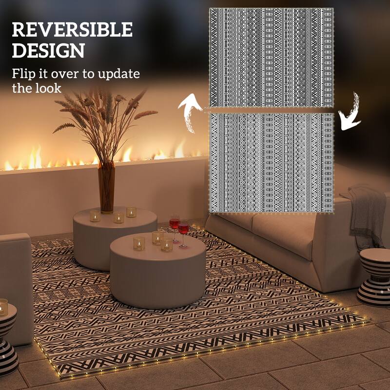 Outsunny Reversible Outdoor Rug Carpet with USB Lights, 10' x 8', Plastic Straw Rug, Patio Mat - 10' x 8'
