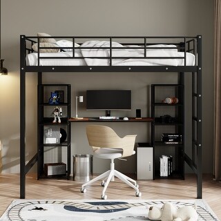 Full Size Metal Loft Bed with Built-in Desk and Shelves