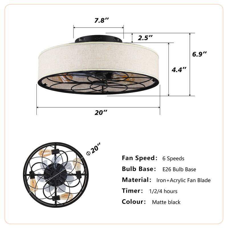 Sofucor 20 Inch Caged Ceiling Fans Flush Mount,Low Profile Fabric Farmhouse Ceiling Fan with Remote Control - N/A