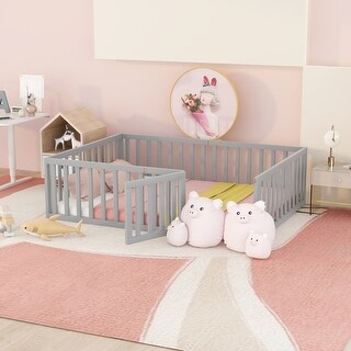 Gray Solid Pine Wood Floor Bed with Fence and Door, Full Size, Safe and Fun Sleeping and Play Space