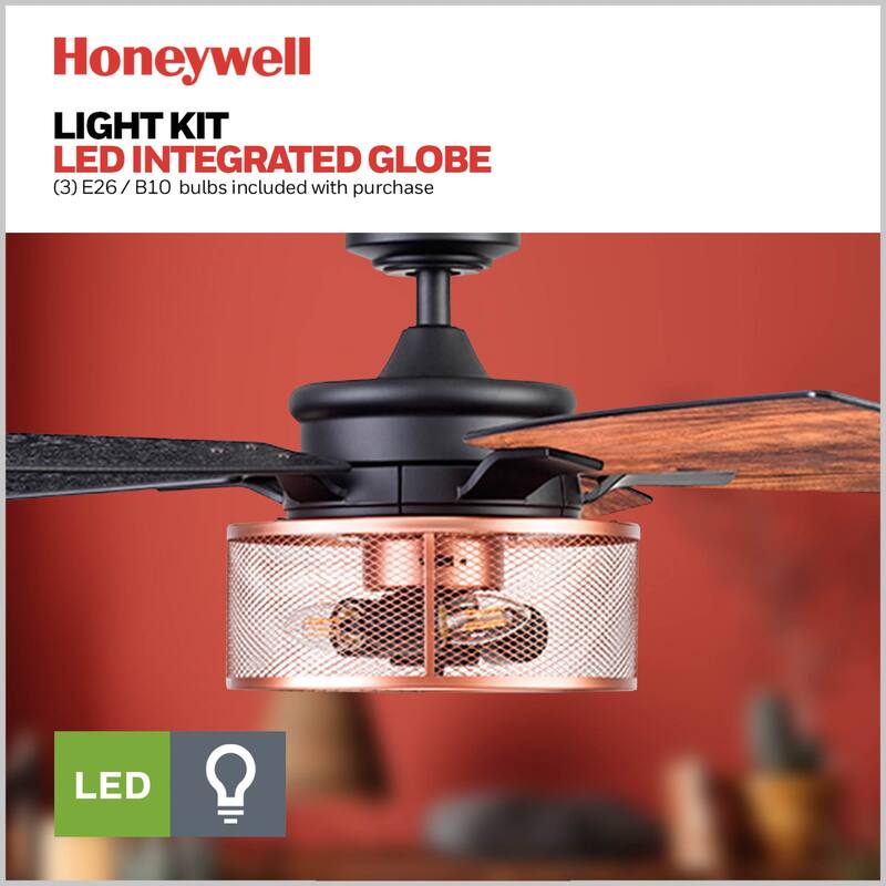 52" Honeywell Carnegie Matte Black/Copper Industrial Farmhouse LED Ceiling Fan with Light and Remote Control