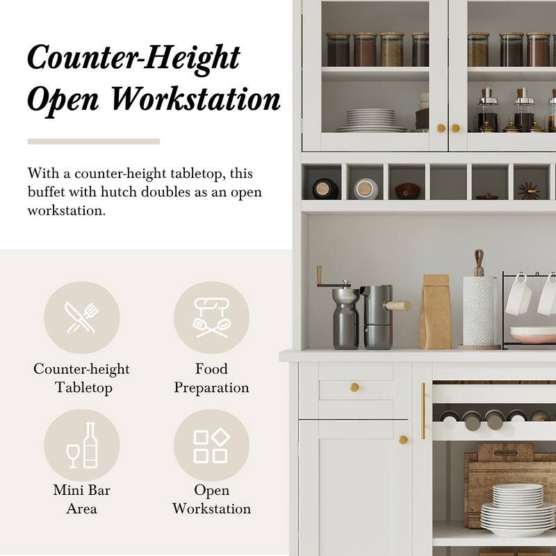 Farmhouse 35" Freestanding Buffet with Hutch, Tall Kitchen Pantry Cabinet with Wine Rack, Drawer, and Adjustable Shelves