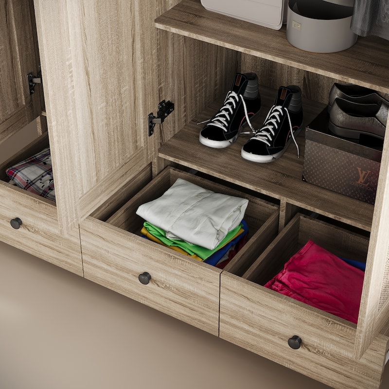 Rattan-Accented Wardrobe - Spacious Clothing Organizer with Style